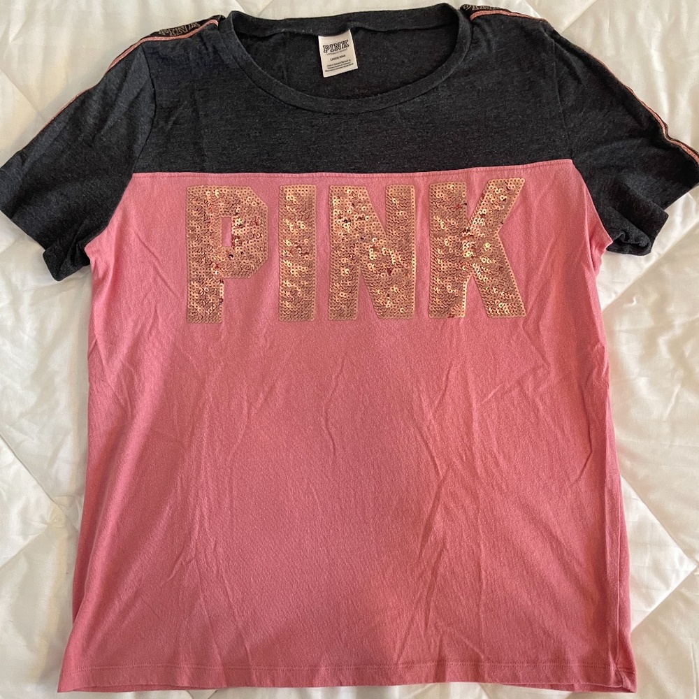 Victoria’s Secret PINK Rose Gold Sequin Pink/Gray Short Sleeve T-shirt